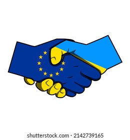 Handshake between Ukraine and the European Union isolated on white background. Cooperation, partnership, friendship. Economic relations and a symbol of support. Vector illustration.