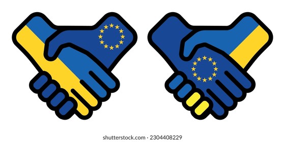 Handshake between Ukraine and the European Union with their respective national flags. Symbolizing support, help, friendship, and partnership between the two entities.