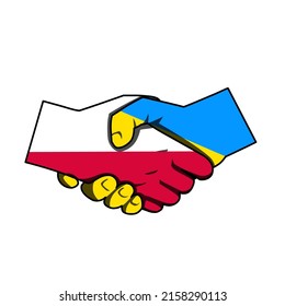 Handshake between Ukraine and Poland isolated on white background. Cooperation, partnership, friendship. Economic relations and support symbol. Vector illustration.