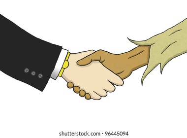 Handshake between a wealthy white man in suite and a poor black man in rags.