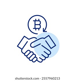 Handshake and bitcoin in renew arrow. Cryptocurrency deals and p2p transactions. Pixel perfect, editable stroke icon