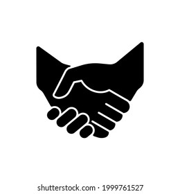 Handshake black glyph icon. Successful business deal. Partnerships. Mutually beneficial deal. Reaching agreement. Gesture of courtesy. Silhouette symbol on white space. Vector isolated illustration