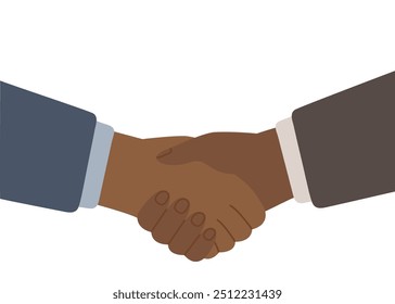 Handshake pessoas negras, ajuda de negócios e sucesso em parceria. Ajudando a mão. Equipe de aperto de mão juntos. Comunicação masculina, acordo de negócios, reunião. Contrato, paz. Ilustração em plano vetorial