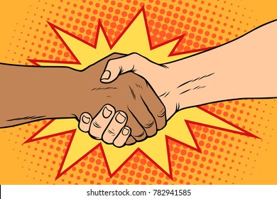 Handshake black and white, African and Caucasian people, friendship, tolerance. Pop art retro vector illustration.