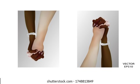 Handshake of a black and white hand. Symbol of reconciliation and Stop racism. Respect between peoples. Vector. Realistic hands with a clock. 3d