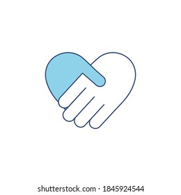 Handshake blue icon in heart shape vector illustration isolated on white background