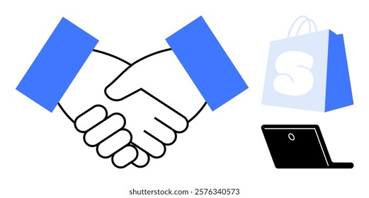 Handshake, blue shopping bag with white S, and black laptop. Ideal for business collaboration, online shopping, e-commerce, partnership deals, and digital transactions. Bold, simple vector style