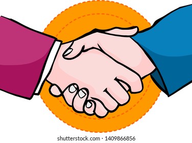 Handshake. Brush Stroke Business Hand Shake. Oval Yellow, Orange Background. Realistic Comic Book Design. Vector. 2D Drawing Illustration