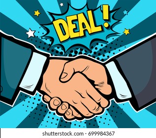 Handshake business deal contract, partnership and teamwork, pop art retro comic book vector illustration. Business concept 