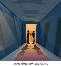 Handshake Business Hands Shake Black Deal Concept Businessman Silhouette Dark Office Room Light From Doors Corridor Hallway Flat Vector Illustration