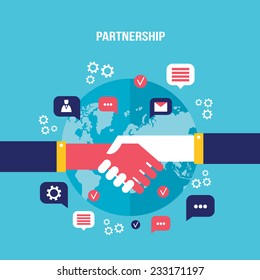 Handshake and business icons for web on world map background Successful business concept