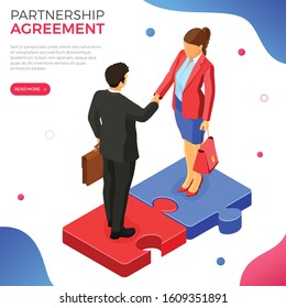 Handshake business man and woman after negotiating successful deal. startup partnership to achieve goals. teamwork. puzzles infographics. B2B hero images. isometric isolated vector