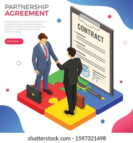 Handshake business mans after negotiating successful deal. startup partnership to achieve goals. teamwork. puzzles infographics. clipboard pad with contract. B2B hero images. isometric isolated vector