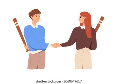 Handshake of business partners cheating and betraying each other. Concept of bad partnership, betrayal and deception. Hypocrisy of colleagues. Flat vector illustration isolated on white background