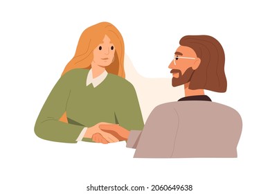 Handshake of business partners. Colleagues, man and woman, shaking hands, making deal, agreeing. Partnership, cooperation and agreement concept. Flat vector illustration isolated on white background