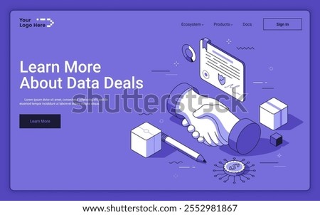 Handshake of business partners with e-document contract on purple background. Data deals landing page isometric template. Digitization of commercial activities 3d vector illustration for web page