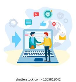 Handshake of business partners internet communication concept. The online agreement, the work deal, the contract held a concept illustration for banners, advertising posters, social networks, blogs.