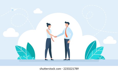 Handshake of business partners. Handshake man and woman. Meet business partners. Business people. Hand shaking meeting agreement.  Symbol of a successful deal, or transaction. Flat vector illustration