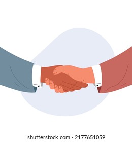 Handshake business partners men. Handshake of man making deal, coming to agreement and concluding contract. Partnership concept. Colored flat vector illustration isolated on white background