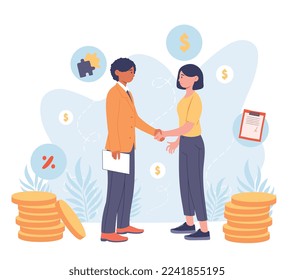 Handshake business partners. Metaphor for successful negotiations, man and woman make deal. Investor and entrepreneur. Collaboration and cooperation, partnership. Cartoon flat vector illustration