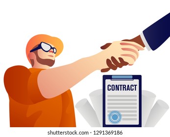 Handshake of business partners. Vector flat style illustration isolated repairman worker and businessman came to an agreement and completed the deal with a handshake.