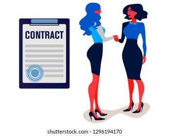 Handshake of business partners. Vector flat style illustration isolated businesswomen came to an agreement contract and completed the deal with a handshake. 