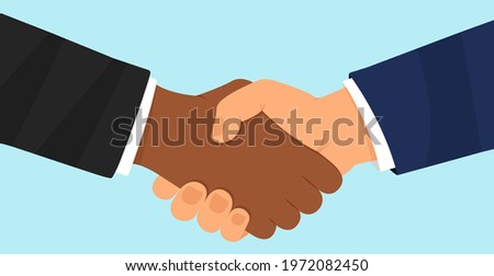 Handshake of business partners vector icon, agreement symbol, shake hand. Succesful deal on blue background. People illustration