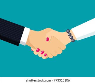 Handshake of business partners. Women's and men's hands. Vector flat style illustration.