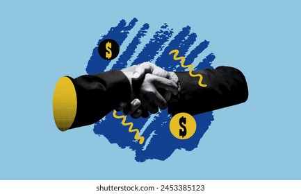 Handshake for Business Partnership Deal Collage Art. Glückwunsch zum Erfolg, finanzielle Vereinbarung Vertragskonzept. Surrealismus Illustration, monotone Pop Art Design auf blauem Hintergrund. Vektorgrafik