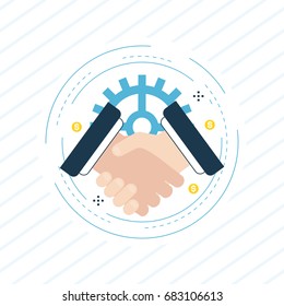 Handshake, business people cooperation, working collaboration flat line vector illustration design. Business and finance design for web banners and apps