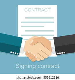 Handshake of business people on the background of the contract. Signing of a treaty business contract,  flat design vector illustration. Agreement.