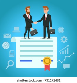 Handshake of business people on the background of the contract. Signing of a treaty business contract