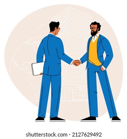 Handshake of business people. Young men signing of a treaty business contract shaking hands, flat design vector concept.