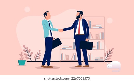 Handshake business - Two businessmen shaking hands over deal and agreement in office. Flat design vector illustration graphic