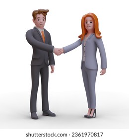 Handshake. Businessman and businesswoman make deal. Greeting gesture. Partners closing deal. Equality. Characters in business suits. Color vector concept