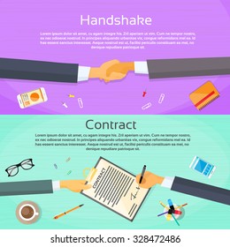 Handshake Businessman Contract Sign Up Paper Document, Business Man Hands Shake Pen Signature Office Desk Web Banner Flat Vector Illustration