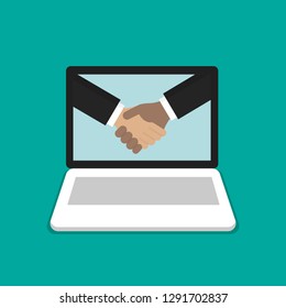 Handshake of businessman. Partnership concept  on laptop, computer symbol flat cartoon design