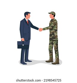 Handshake businessman and soldier. Symbol of successful negotiations. Partnership, meeting. Vector illustration flat design. The conclusion of an agreement between the warring countries.