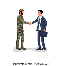 Handshake businessman and soldier. Symbol of successful negotiations. Partnership, meeting. Vector illustration flat design. The conclusion of an agreement between the warring countries.