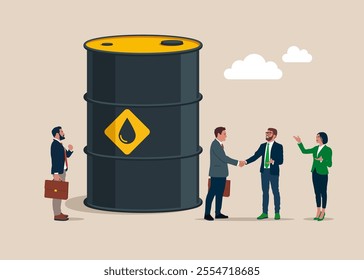 Handshake of businessmen with barrel oil. Financial and investment growth. Investment, wealth management. Commodities price for trading and investment, Crude oil. Flat vector illustration.