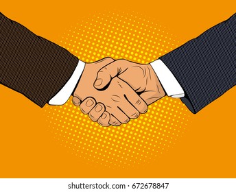 Handshake of businessmen. A business meeting. Business transaction. Vector illustration in style of pop art on an orange background.
