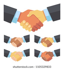 Handshake of businessmen of different races. Business team, agreement and big deal vector flat concept. Black and white hand partnership illustration