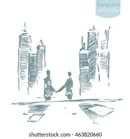 Handshake of businessmen in front of skyscrapers. Success, dealing, partnership. Concept vector illustration, sketch