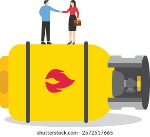 Handshake of businessmen with gas cylinder. Financial and investment growth. Investment, wealth management. Commodities price for trading and investment. Vector illustration.

