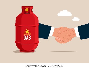 Handshake of businessmen with gas cylinder. International relationships and profit. Flat vector illustration.