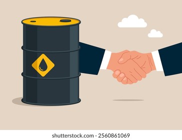 Handshake of businessmen with oil barrel. International relationships and profit. Crude oil. Flat vector illustration.