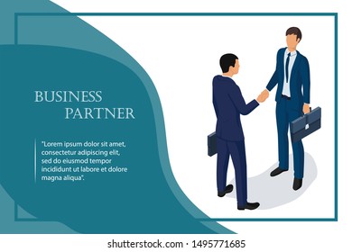 Handshake businessmens isometric. Landing page meeting businesspeople. Two human in suits with briefcase shake hand. Vector illustration 3d design isolated. Professional people. Deal agreement.