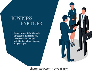 Handshake businessmens and woman secretary on a deal. Vector illustration 3d isometric design. Landing page meeting businesspeople. Two human shake hand. Professional people. Deal agreement.
