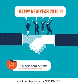 Handshake with businesspeople saying happy new year 2016. Vector illustration Eps10 file. Global colors. Text and Texture in separate layers.