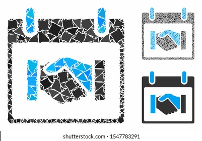 Handshake calendar day composition of rough elements in different sizes and color tones, based on handshake calendar day icon. Vector rough dots are organized into composition.